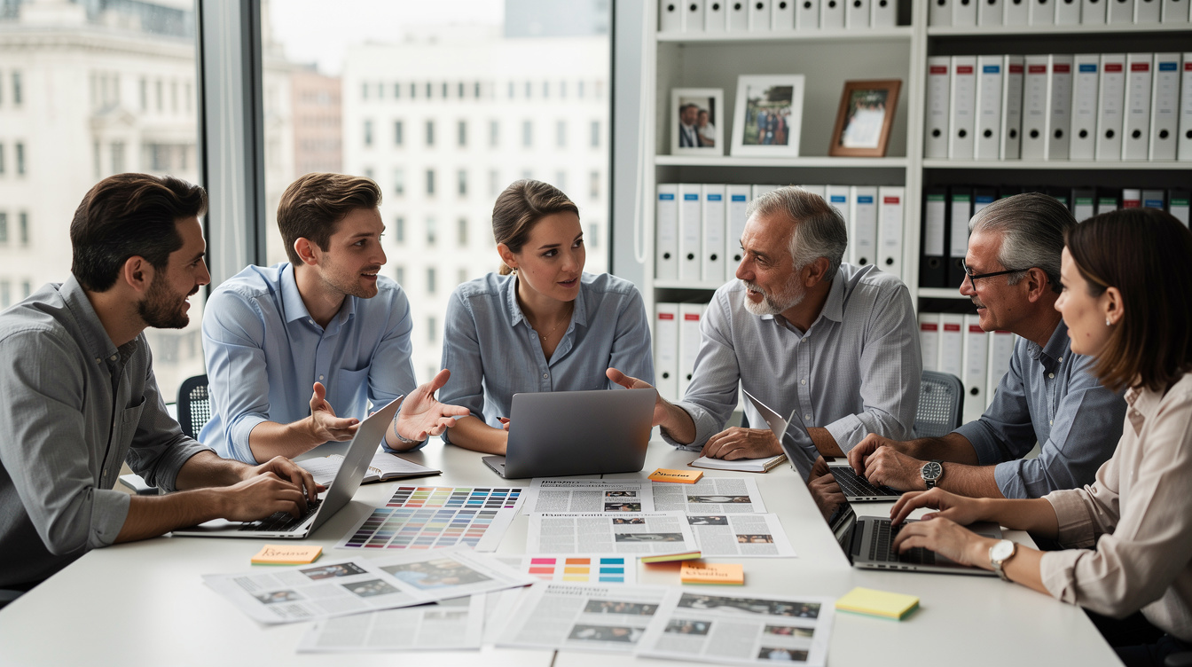 Editorial team coordinating around a table with documents