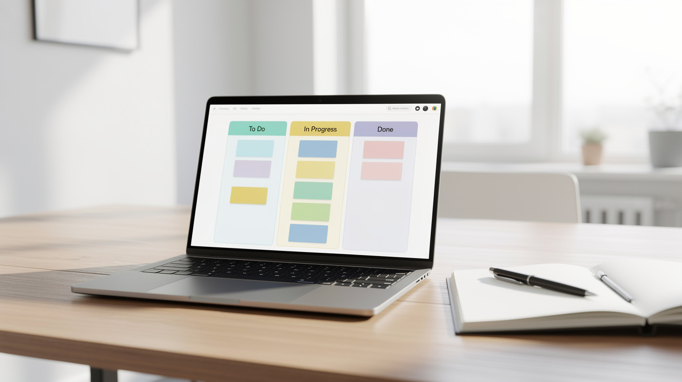 Kanban style workflow board on a desk with laptop