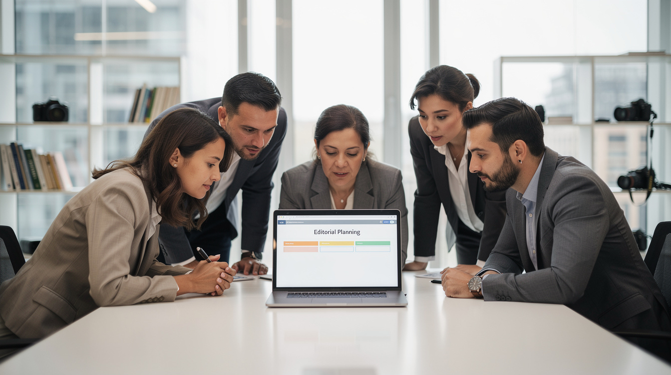 Editorial team reviewing a newsroom planning dashboard on a laptop