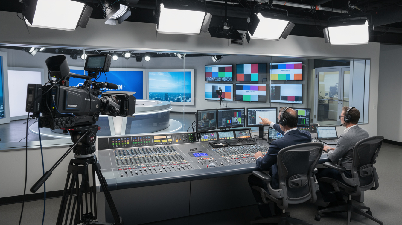 Broadcast studio with camera and control desk