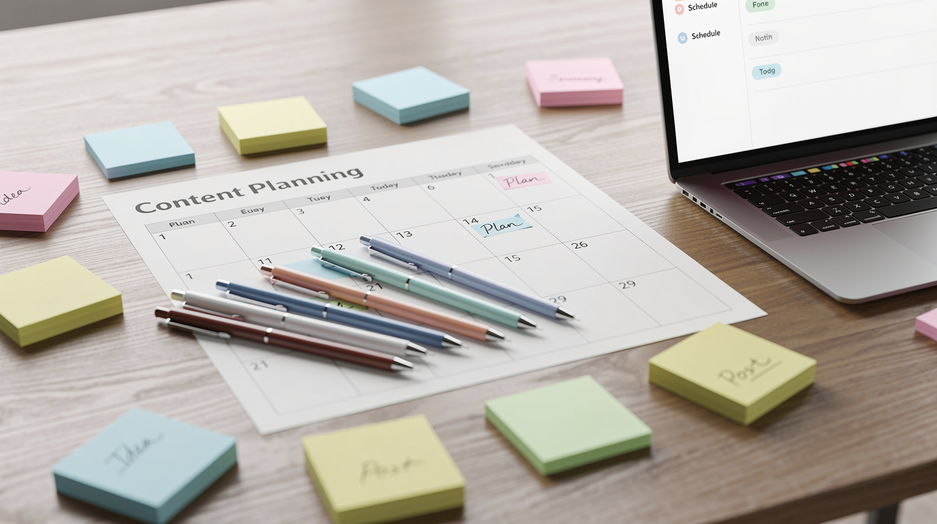 Content planning calendar on a desk with sticky notes