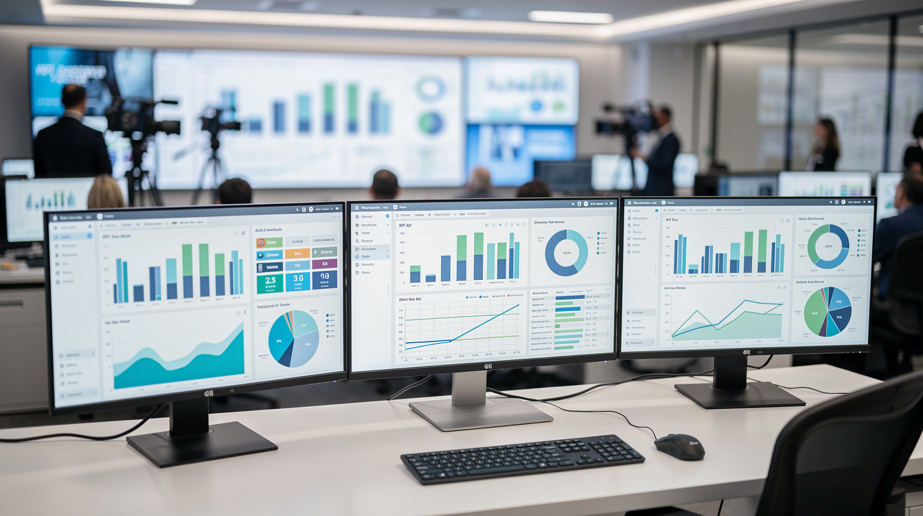 Analytics dashboards on multiple screens for production tracking